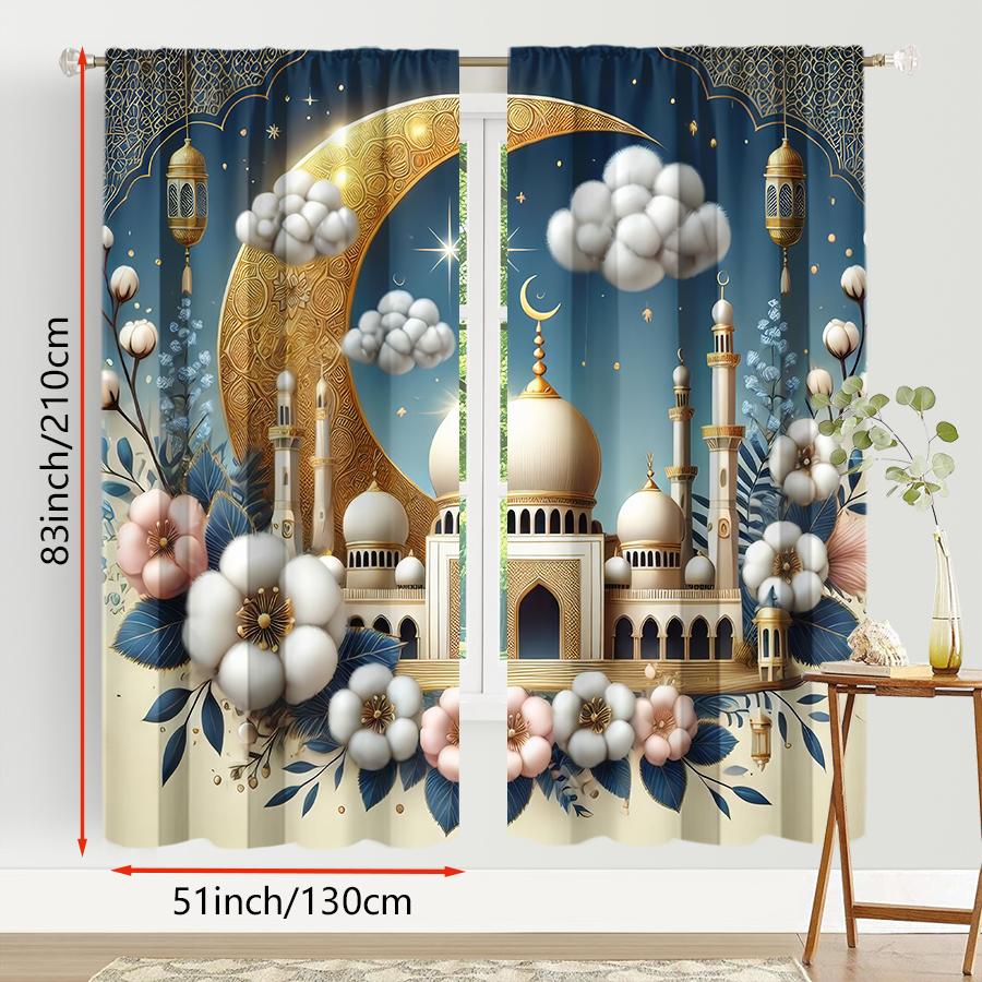 2PCS Blue Gold Cloud Flower Ramadan Theme Curtains   Gorgeous Style   Bedroom and Living Room   Drawbar Pocket Decorative Curtains