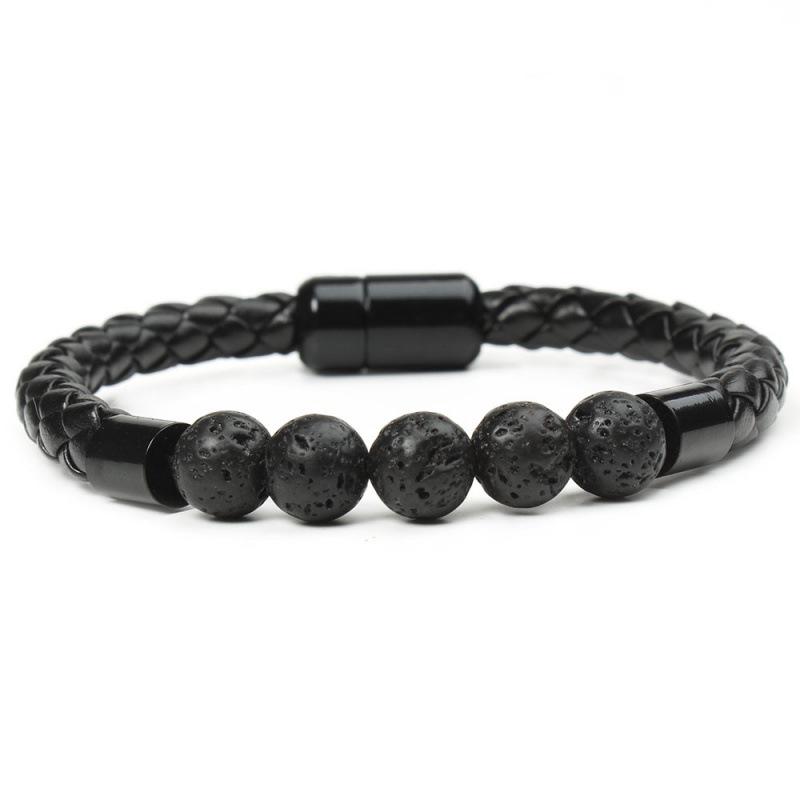 New European & American Men's Stone Beaded Leather Bracelet with Magnetic Buckle