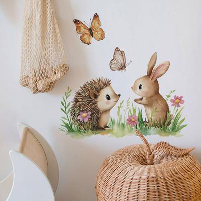 Cartoon Little Hedgehog Rabbit Butterfly Flower Wall Sticker Wall Decoration Sticker Living Room Home Decoration Wall Sticker Pvc