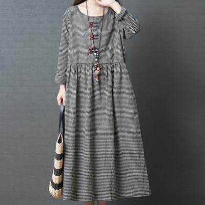 Leinenkleider im japanischen Stil mit langen Ärmeln und Karomuster für Damen, langes Kleid, großes Code-Mädchen, Übergröße, lockeres Partykleid