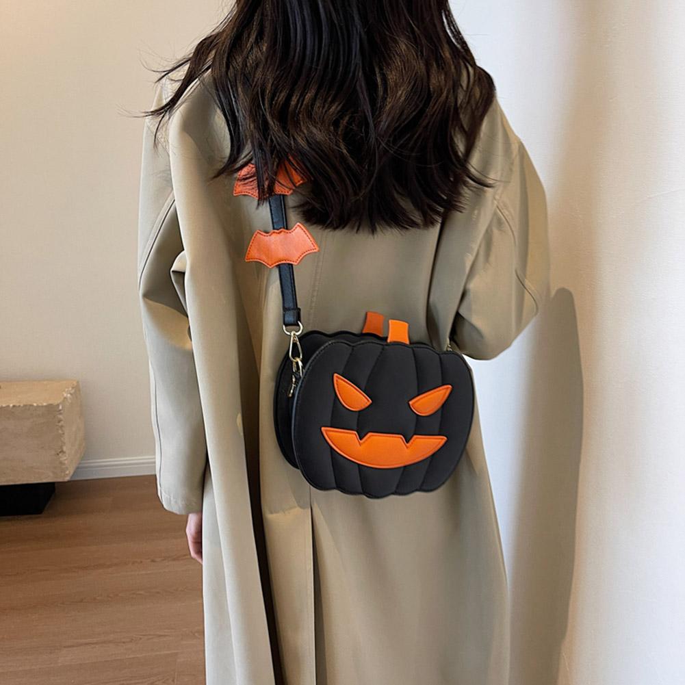 Women Novelty Pumpkin Purse PU Leather Demon Messenger Bag with Zipper Adjustable Strap Halloween Funny Bag