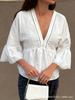 New Arrival: Linen V-Neck Doll Shirt with Lace Flare Sleeves in Solid Colors