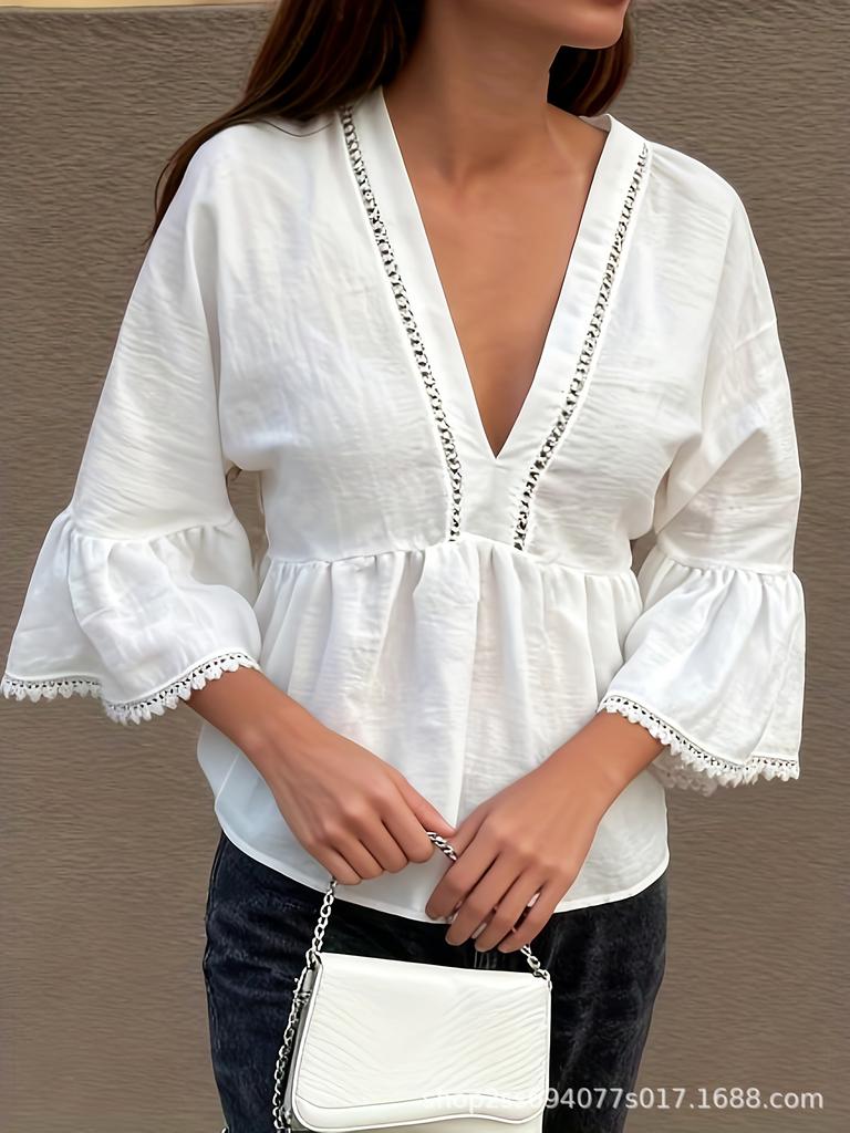 New Arrival: Linen V-Neck Doll Shirt with Lace Flare Sleeves in Solid Colors