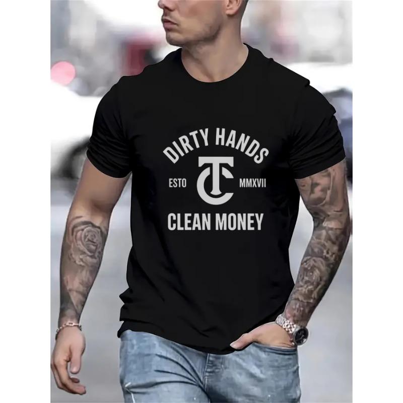 European Size Men'S Casual Black T-Shirt with Dirty Hands & Clean Money Graphic - Short Sleeve, Crew Neck