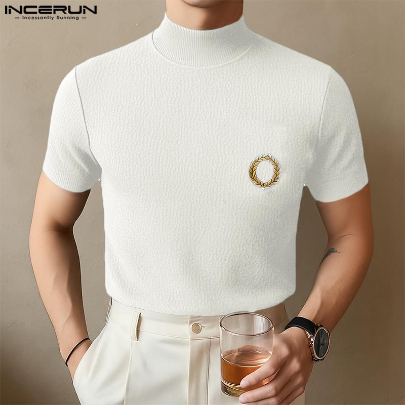 

INCERUN Summer Men Mockneck Short Sleeves Embroidery Casual Basic T-shirts S чёрный