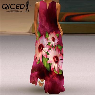 Ärmelloses, langes Sommerkleid mit V-Ausschnitt und bedruckter Jadeblume für Damen
