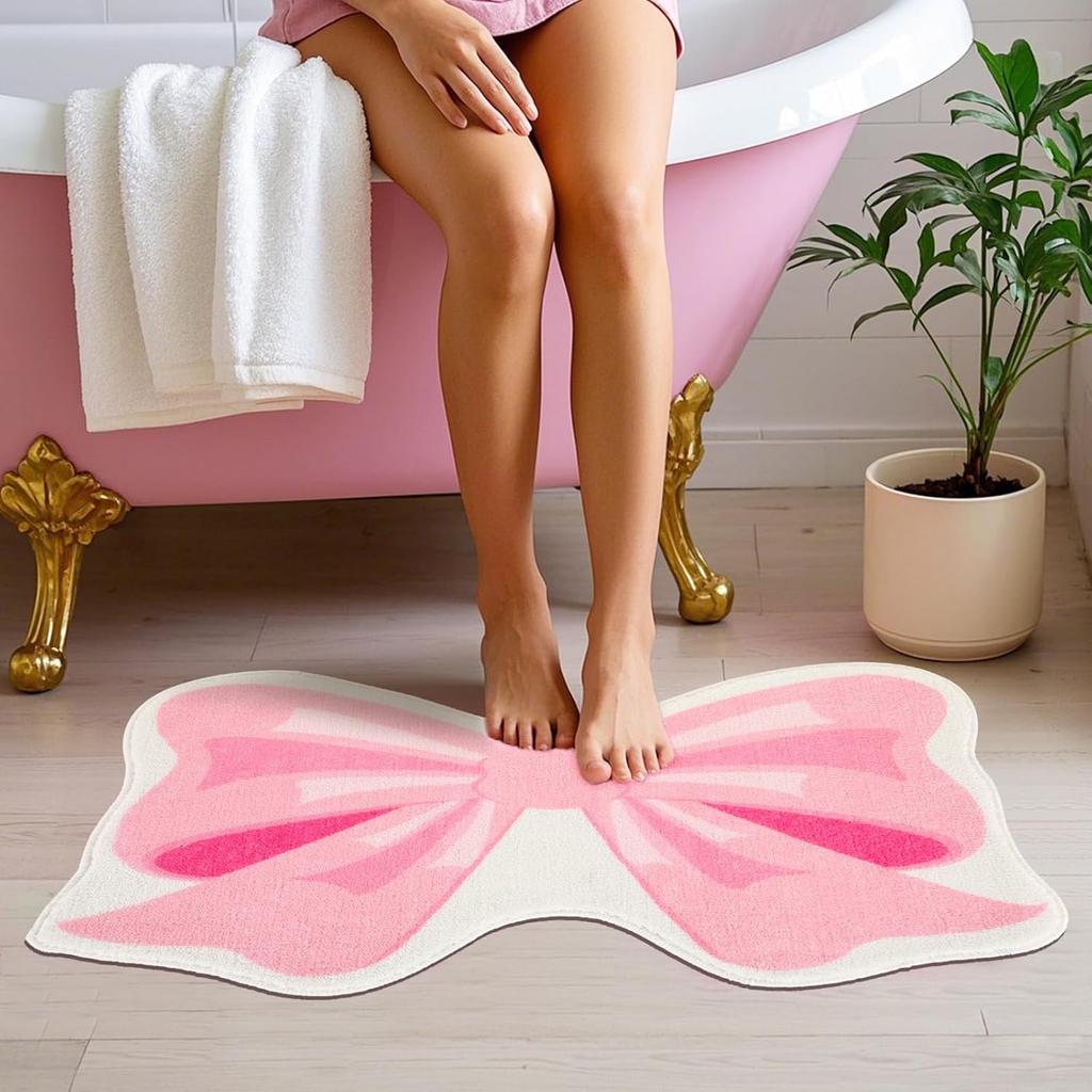 FEBSNOW Pink Bow Bathmat Rugs, Non Slip Coquette Bow Cute Aesthetic Carpet, Cute Room Decor Coquette Rug for Bathroom Bathtub Shower Bedroom and