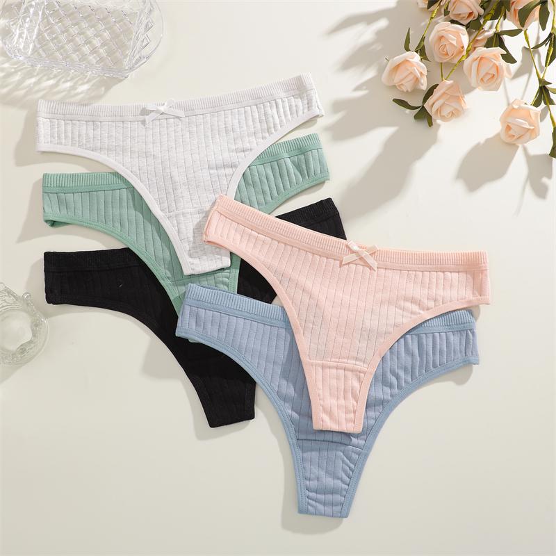 Duży Rozmiar 3 Szt. Damskie Bawełniane Stringi Seksowne Prążkowane Oddychające Majtki Codzienna Urocza Bielizna z Kokardką Dziewczęca Niska Talia G-String Lingerie