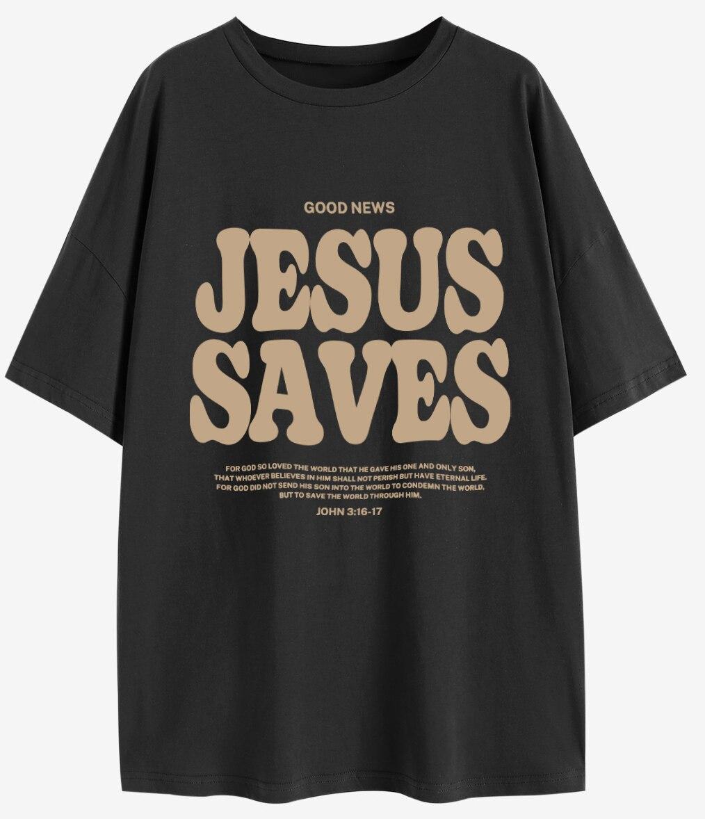 

Good News Jesus Saves for God Велика футболка Jesus Apparel Християнська вільна футболка Жіночий модний повсякденний бавовняний естетичний топ XL чорний