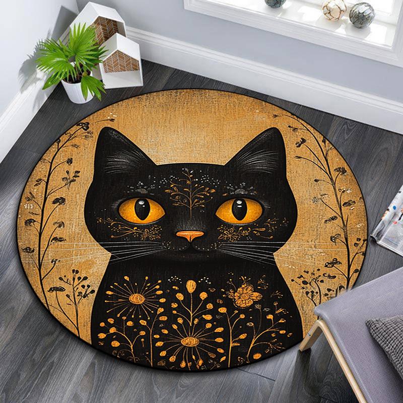 Golden Framed Black Cat Round Area Rug,Carpet Rug for Living Room Bedroom Sofa Playroom Decor,Non-slip Floor Mat