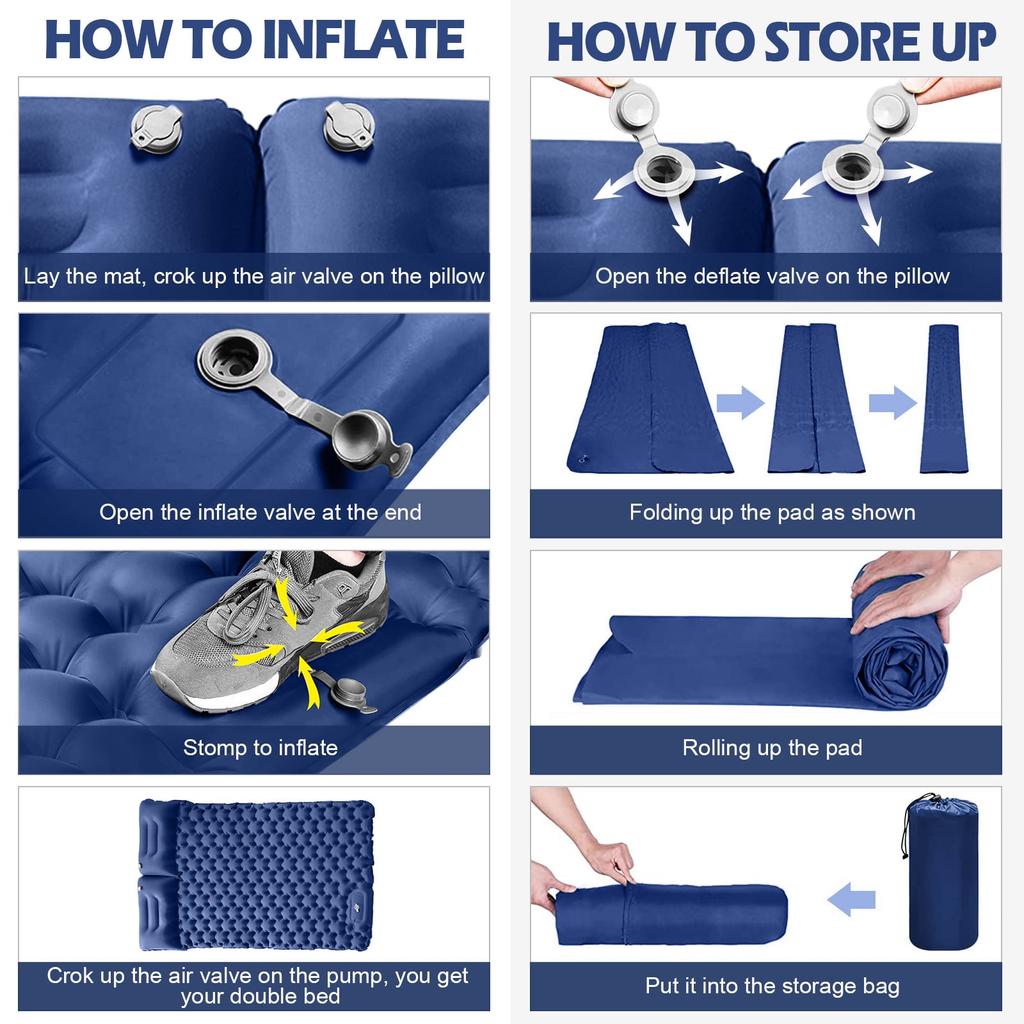 Double Sleeping Pad for 2 Person, Thick Inflatable Camping Mat with Built-in Foot Pump & Pillow, Compact Air Mattress for Hiking, Backpacking, Tent