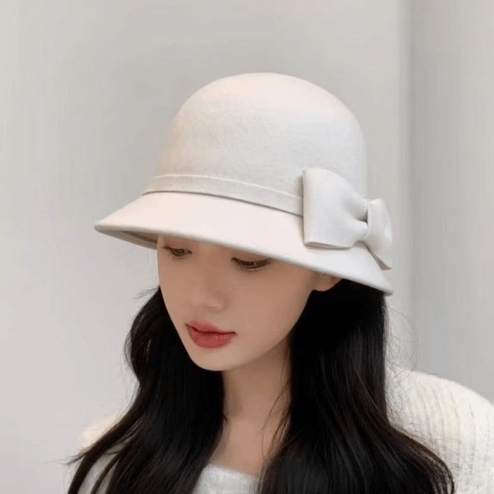 Solid Color Bow Topper Hat French Style Woolen Bucket Hat Vintage Women Fisherman Hat  Party