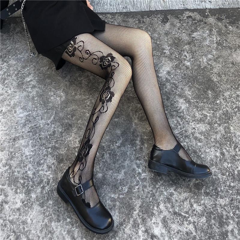 Dark Retro Love Heart & Leopard Print Jacquard Mesh Tights with Cross Straps One Size