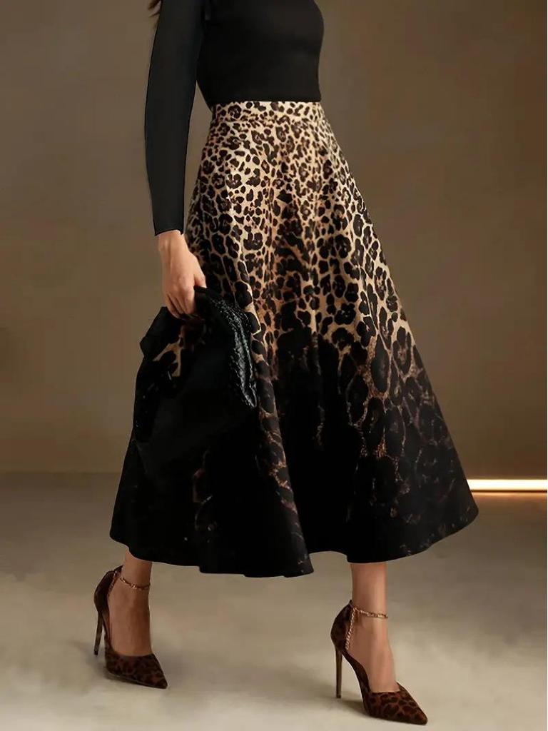 2025 Leopard Print High-Waist A-Line Midi Skirt for Women - Retro, Elegant, Plus Size