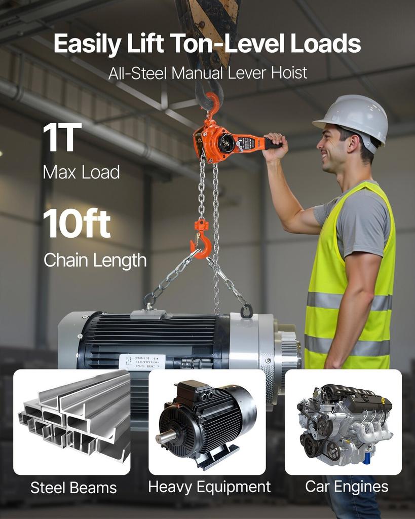 Manual Lever Chain Hoist, 1T 1000KG Capacity Heavy Duty Come Along, 3M Lift G80 Alloy Steel Chain With Dual Pawl Mechanical Brake, 360° Rotating