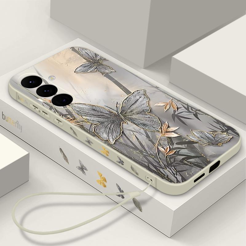 Lanyard Case For Samsung Galaxy S25 Ultra S24 S23 S22 Plus S21 FE A15 A16 A35 A36 A54 A55 A56 5G Bamboo Butterfly Printed Case Capa Coque