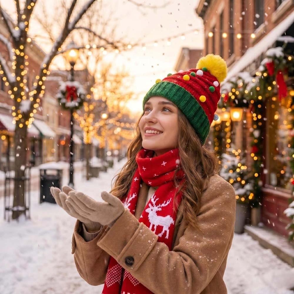 Plush Pom Christmas Hat Scarf Striped Pattern Santa Claus Beanie Knitted Holiday Scarf Party