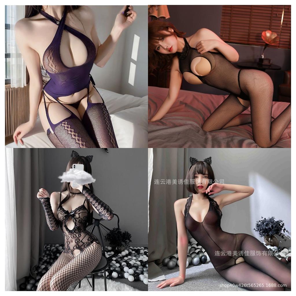Sexy Lingerie Tight Sexy Suit Uniform Seduction Women's Transparent Open Crotch Mesh One-piece Stockings Mesh