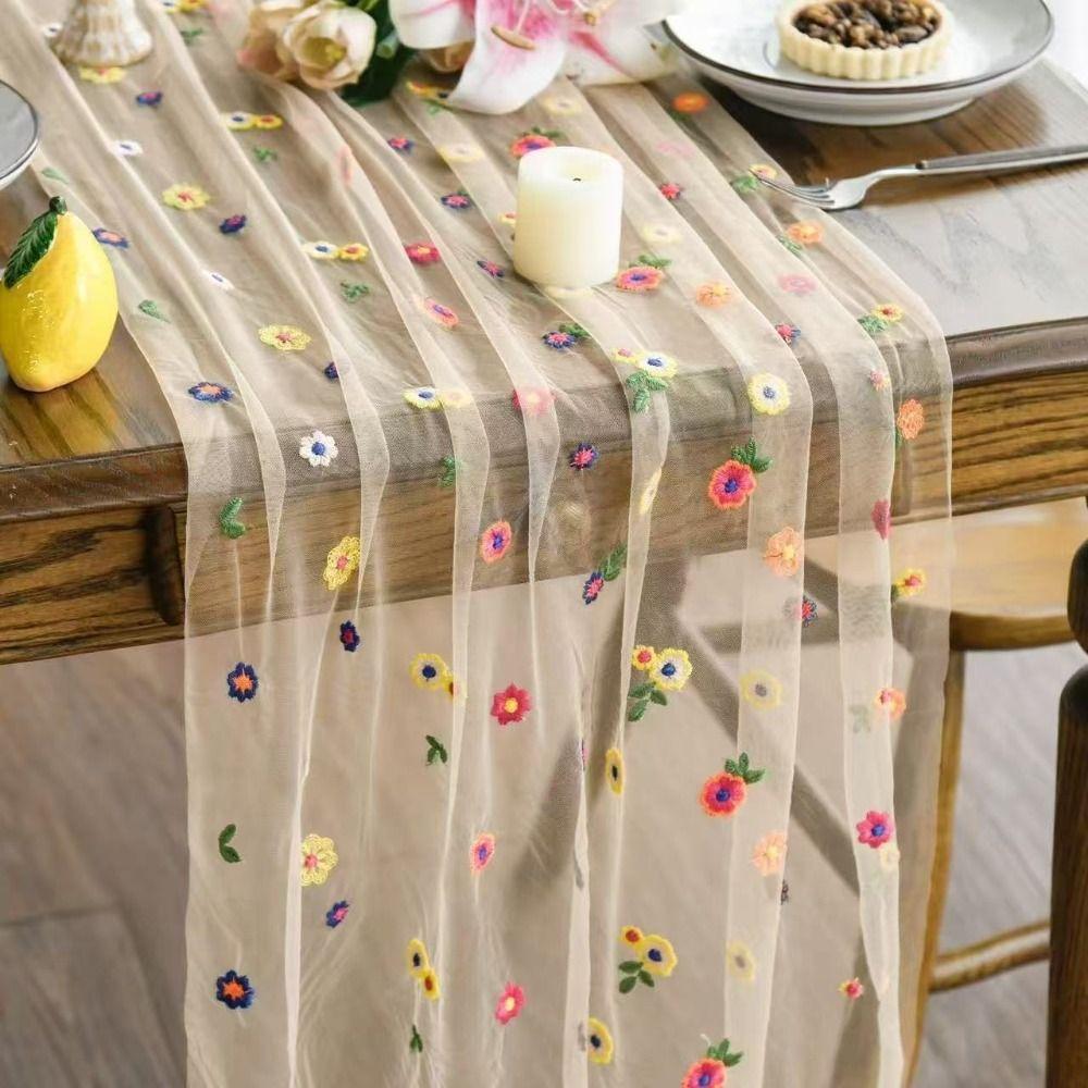 Boho Embroidery Daisy Table Runner Semi-Transparent Floral Tablecloth Colorful Table Cover  Party