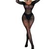 Women Jumpsuit Lingerie Leopard Mesh Bodysuit Long Sleeved Silky Perspective Tights Hollow Night Club Fantasy Erotic Wear