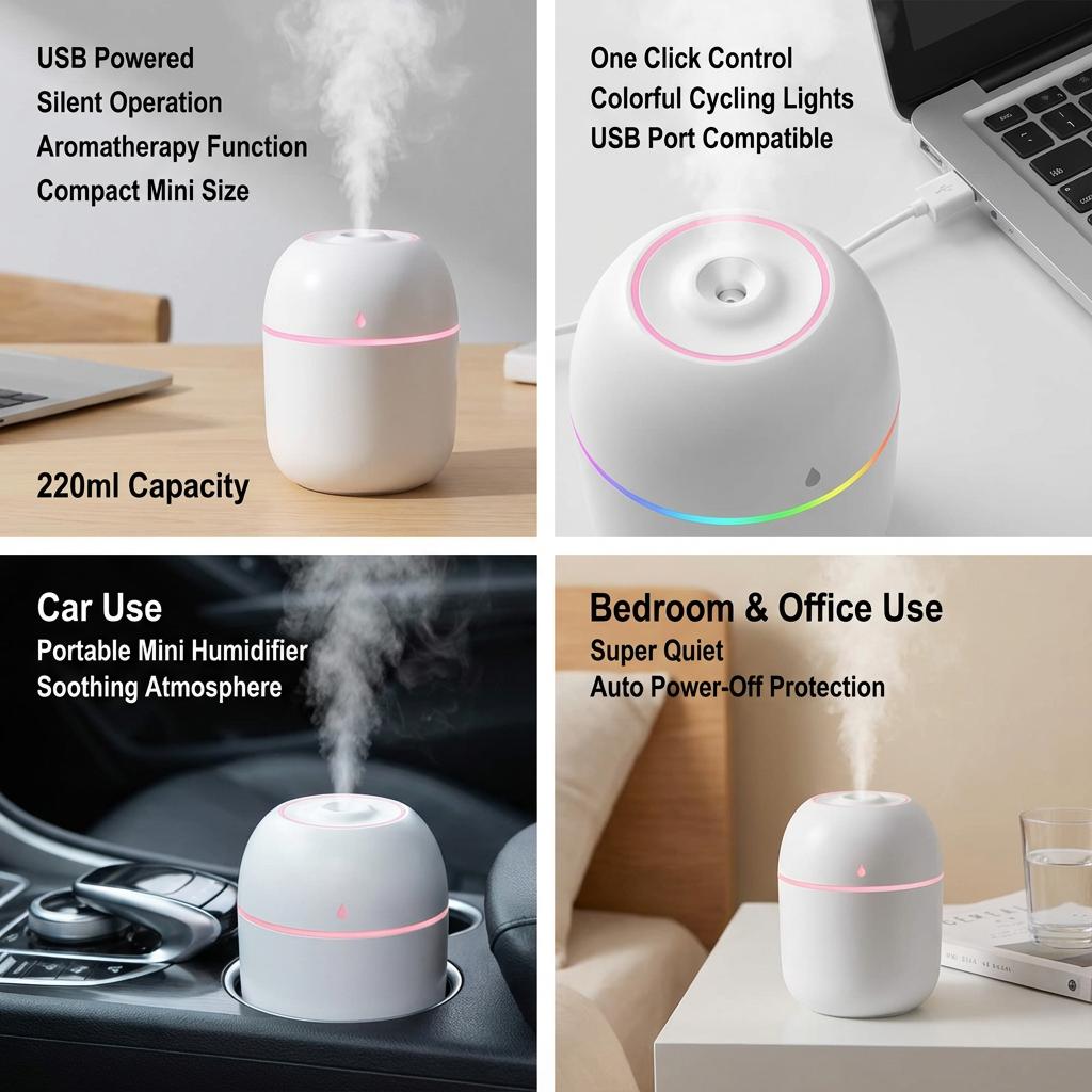 220ML USB Water Refill Spray Humidifier Colorful Lights Super Fog Mute Portable Air Humidifier for Home Bedroom Office Car