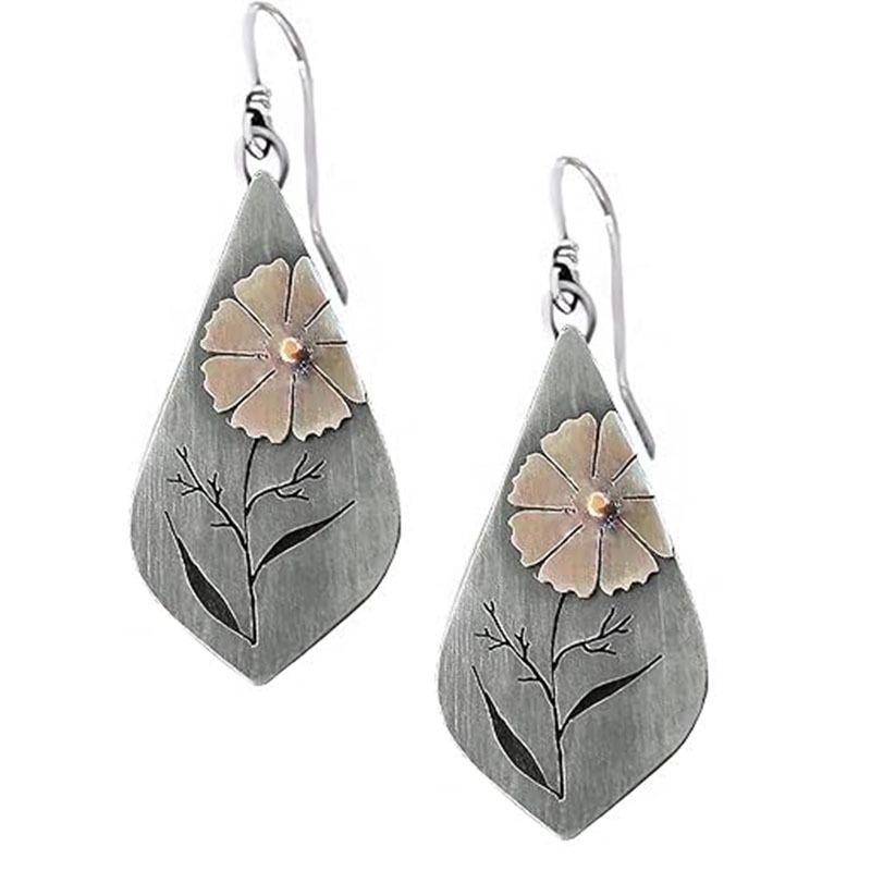 Vintage Ethnische Silberfarbene Metall Schnitzerei Blatt Blume Hängeohrringe für Frauen Schmuck