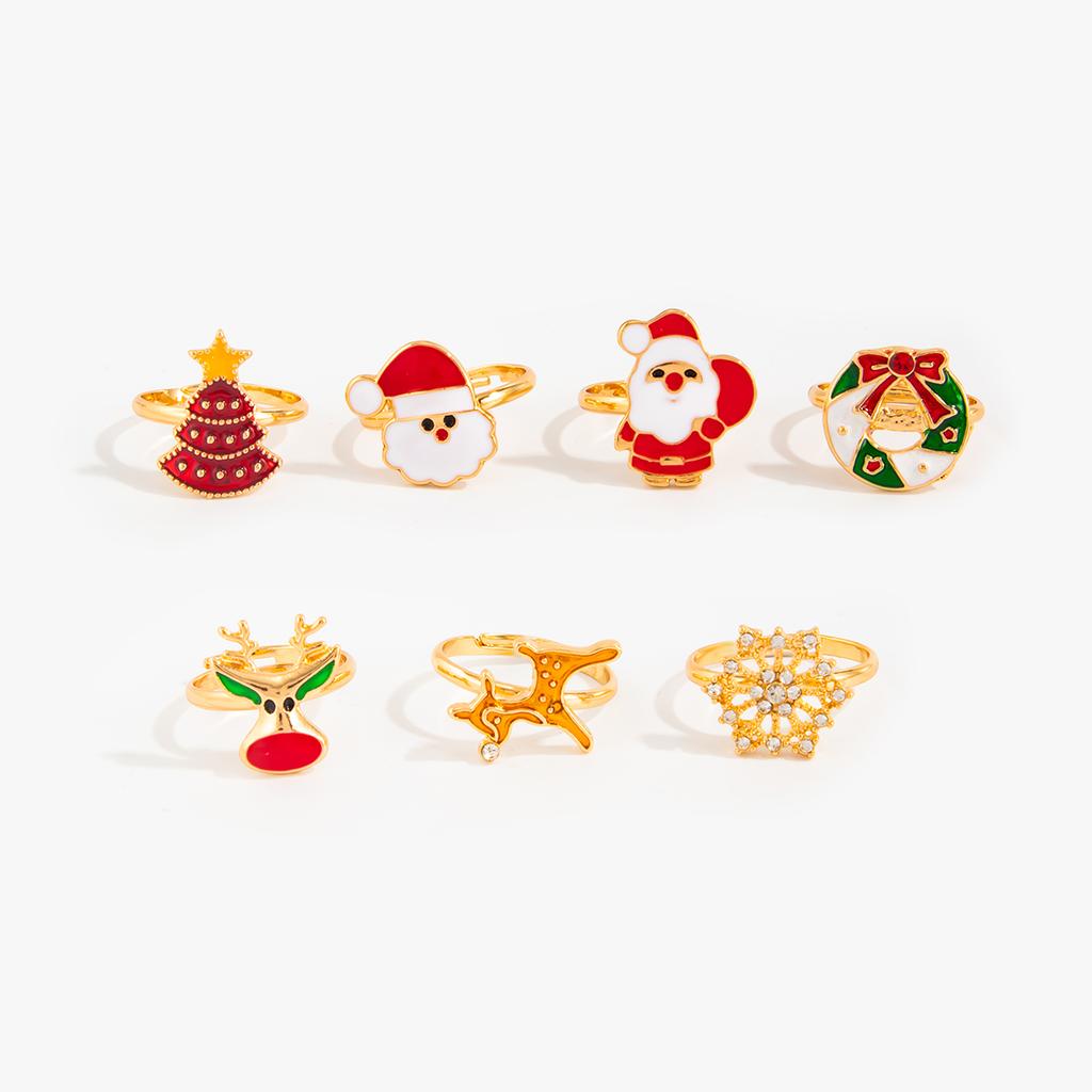 Ingemark 7Pcs/Set Trendy Deer Snowflake Christmas Tree Open Rings Women Retro Creative Adjustable Knuckle Christmas Jewelry Gift