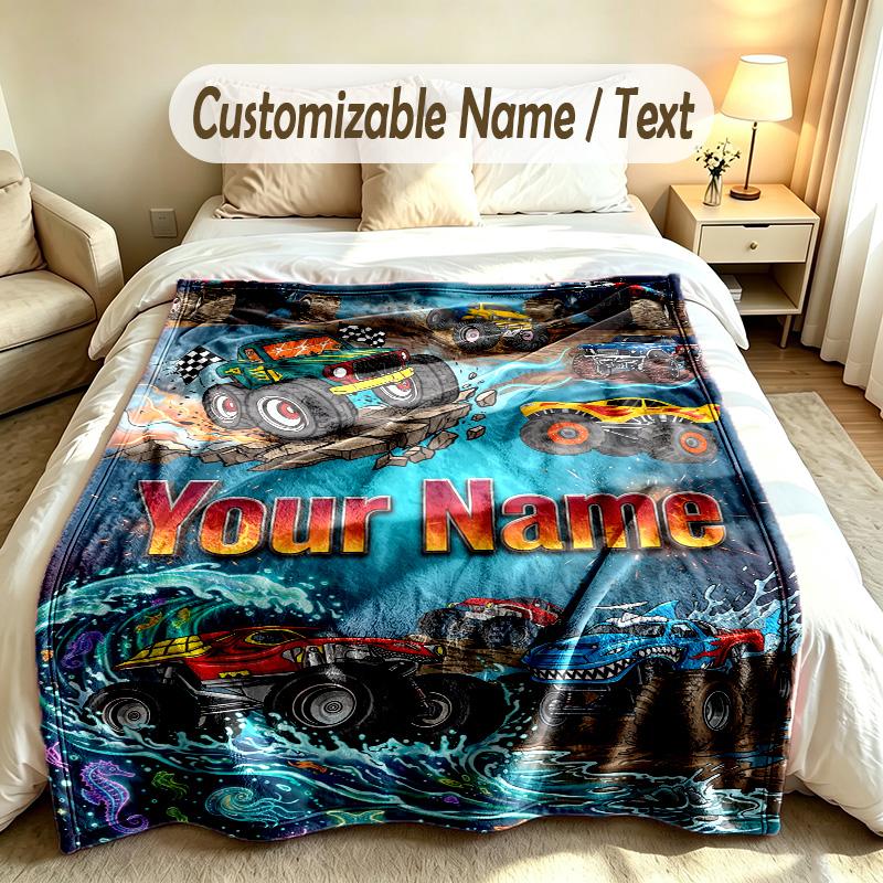 Coperta Personalizzata Tema Monster Truck Nome e Testo Personalizzati Morbida Calda Coperta da Divano Decorazione per la Casa
