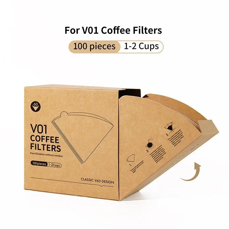 

100pcs Wood Pulp Coffee Filter Paper, Conical Unbleached V01/V02 for Hand Brew & Espresso Machine, Portable & Eco-Friendly