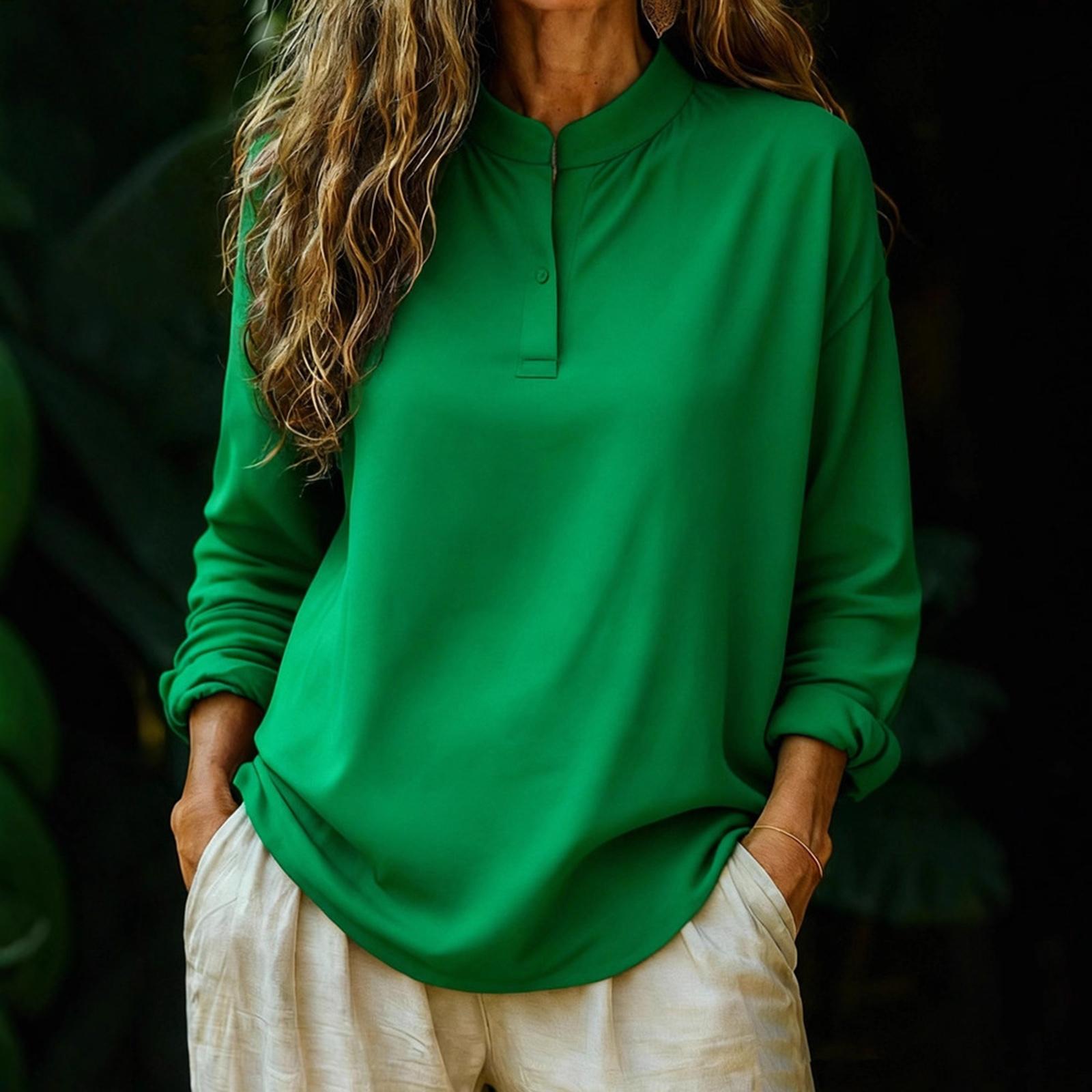 

Women s Fashionable And Casual Loose Solid Color Long Sleeved Round Neck Button Top XL зелёный