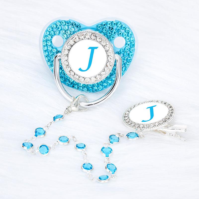 Lake Blue Rhinestone Baby Pacifier with Beaded Chain Clip