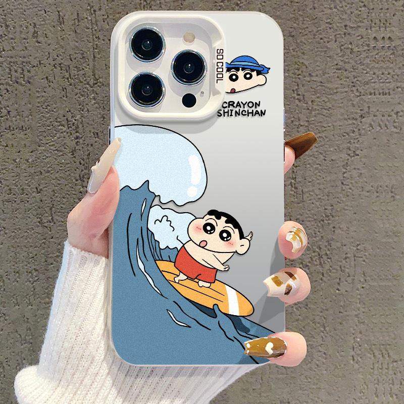 Surfing Shin-chan Silver Drop-proof Phone Case for iPhone 11/12/13/15 Pro/16 - Cute & Trendy Design