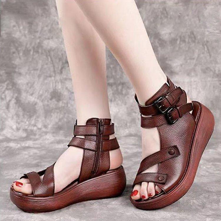 2025 summer new Roman shoes women's high-heeled fashion women's shoes high-top soft leather wedge heel cool boots platform sandals women
