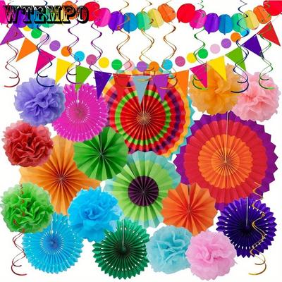 33 Stück Fiesta Party Dekorationen Bunte Mexikanische Themen Hängende Papierfächer Regenbogen Papier Pompons Fiesta Girlande und Seidenpapier Luftschlangen