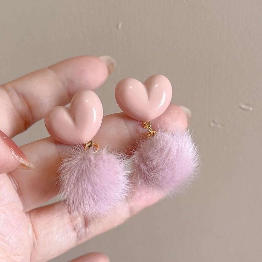 Sweet Plush Ball Earring Ear Stud Valentine's Day Earring Heart Shaped Earrings Wedding