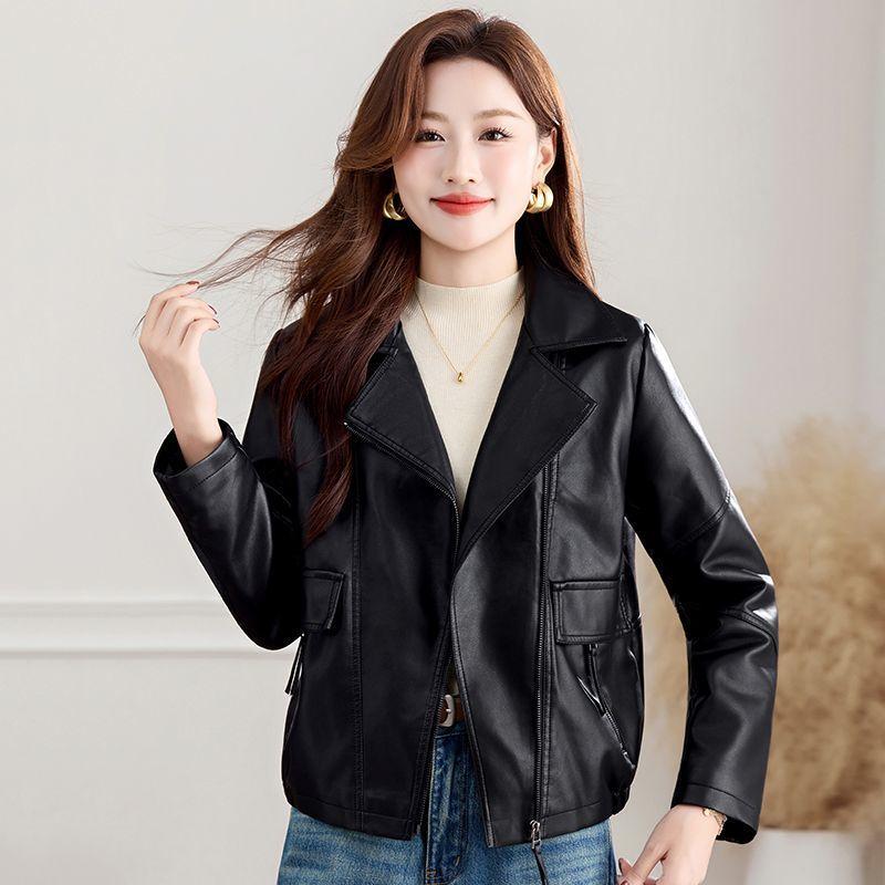 Women Pu Leather Jacket Notched Collar Slim Fit Casual Outerwear