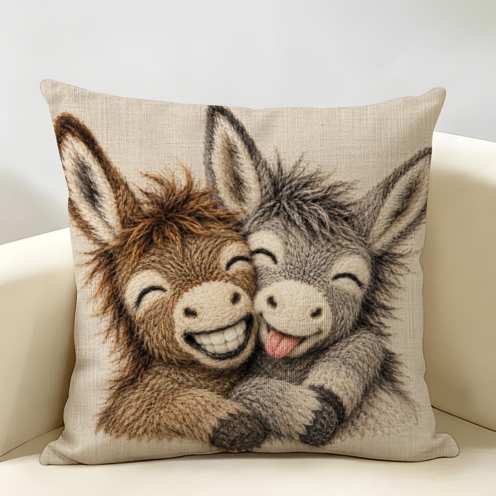 Funny Donkey Couple Cushion Cover Natural Linen Organic Fabric Double-Sided Printing Breathable For Home Decor