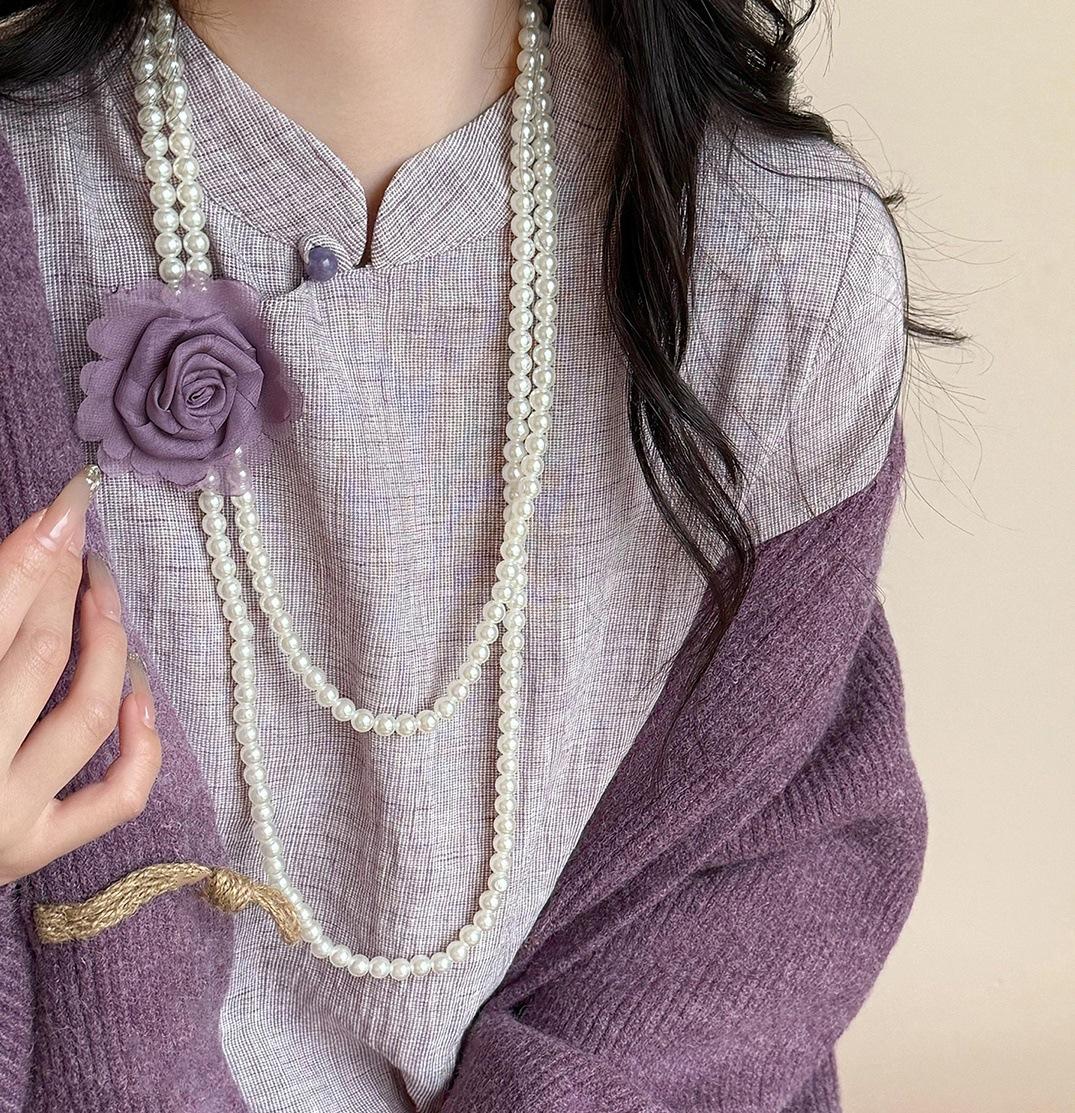 

Multi-Layer Pearl Long Necklace Rose Flower Design Sweater Chain Jewelry Accessories For Women
