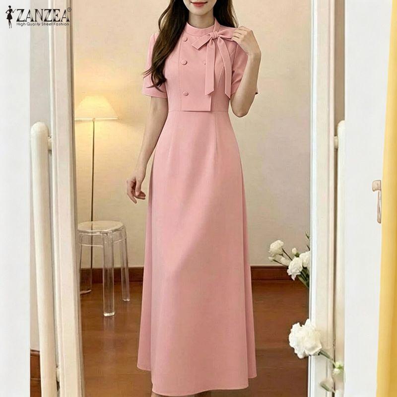 ZANZEA Women Casual Round Neck Solid Color Short Sleeve Elegant Dress