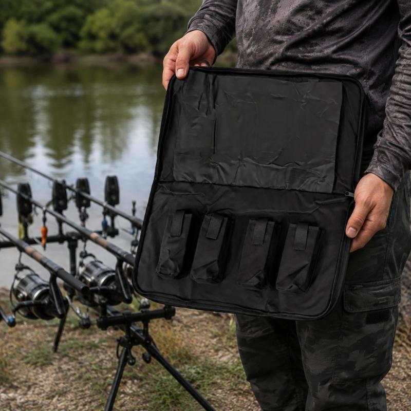 Oxford Cloth Fishing Bites Alarm Carrying Case, Foldable Bankstick Organizers with Four Internal Sleeves and Strap for Separated Tackle Storage