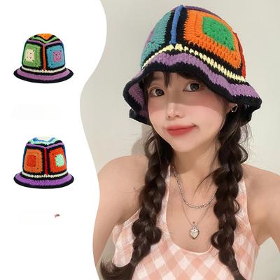 New Spring and Summer Japanese Style Colorful Handmade Knitted Fisherman Hat for Women Sweet and Versatile Face Showing Small Color Blocking Basin Hat