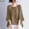 ZANZEA Kvinner Casual Mesh Spleis 3/4 Erme Løs O-hals Bluse