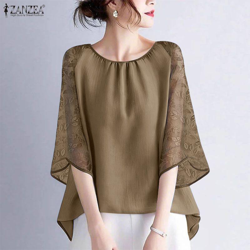 ZANZEA Kvinner Casual Mesh Spleis 3/4 Erme Løs O-hals Bluse