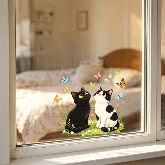 Adesivo per Finestra Design Gatto Bianco Nero Fiore, Aderenza Elettrostatica Decalcomania in Vetro Impermeabile per Soggiorno Camera da Letto Ingresso Decorazione Casa
