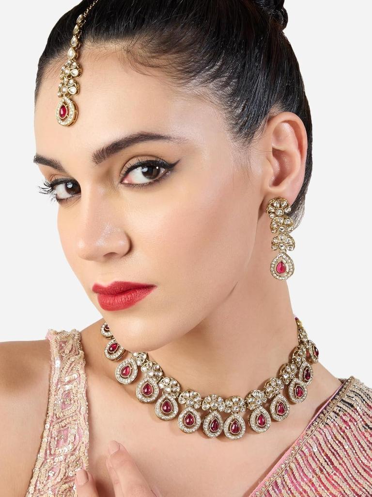 Pink Stones Antique Plated Traditional Kundan Necklace Earring & Maangtikka Set For Women