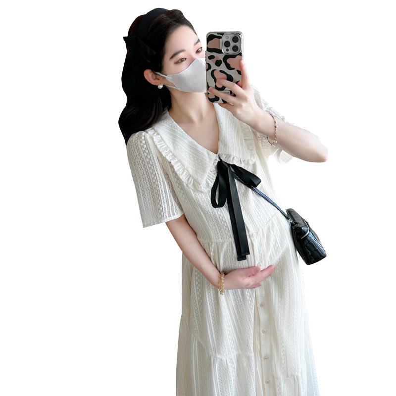 French Academy Style White Doll Collar Maternity Dress - Loose, Slimming, Age-Reducing, Long, Summer 2026