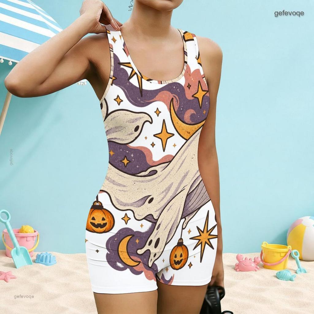 Women Plus Size White Square Neck Wide Straps One Piece Boyshort Swimsuit Ghost Pumpkin Print