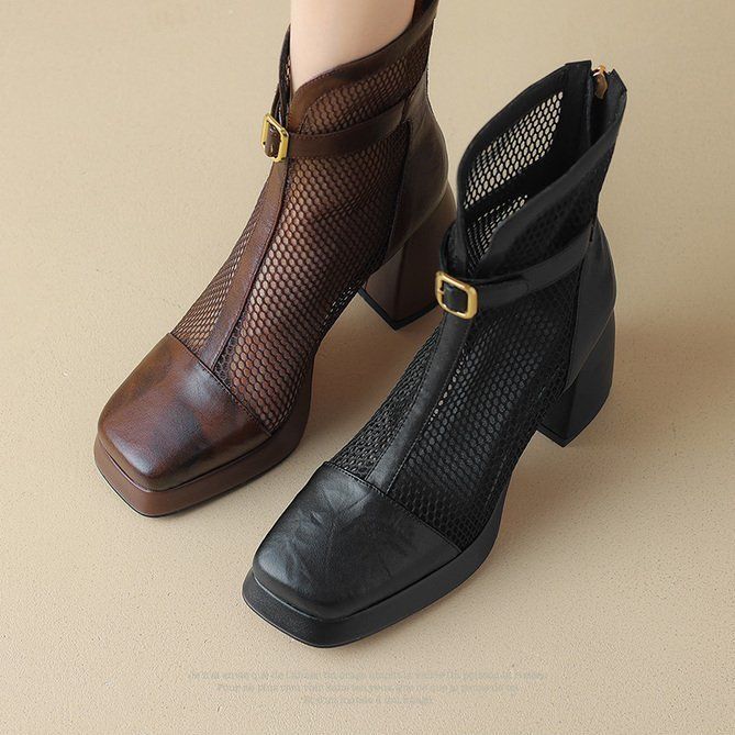 Brown Thick High-heeled Square-headed Short Boots 2025 New Summer Versatile Martin Boots Thick-soled Small Women's Net Boots