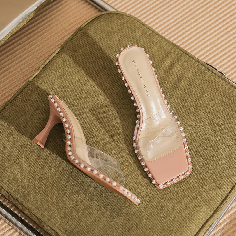 

7301 [sheepskin] square head slippers women s summer outer wear 2025 summer new transparent one-word strap high heels 39