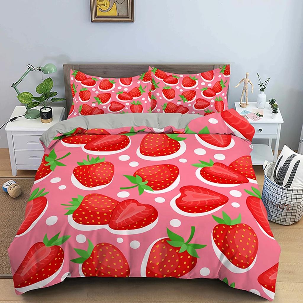 Strawberry Duvet Cover Set Cartoon Pink Fruit Print Comforter Cover Set for Boy Girl Teen Sweet Strawberry Room Decor Bedding
